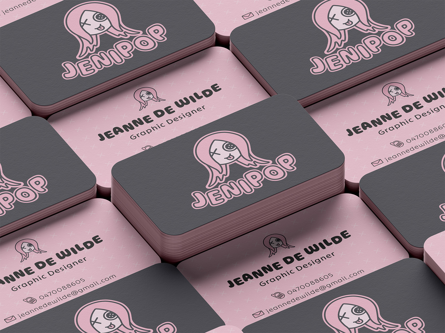 JeniPop branding business card mockup showing logo and brand colors